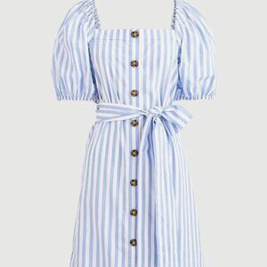 NEW J Crew French Cottage Blue White Dress Striped Puff Sleeve Midi XS